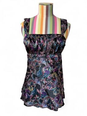 Y2K Self Esteem Babydoll Satin Ruched Paisley Print Tank Top Blouse
